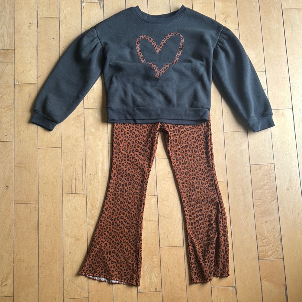 Black Heart Sweatshirt and Leopard Print Pants Set